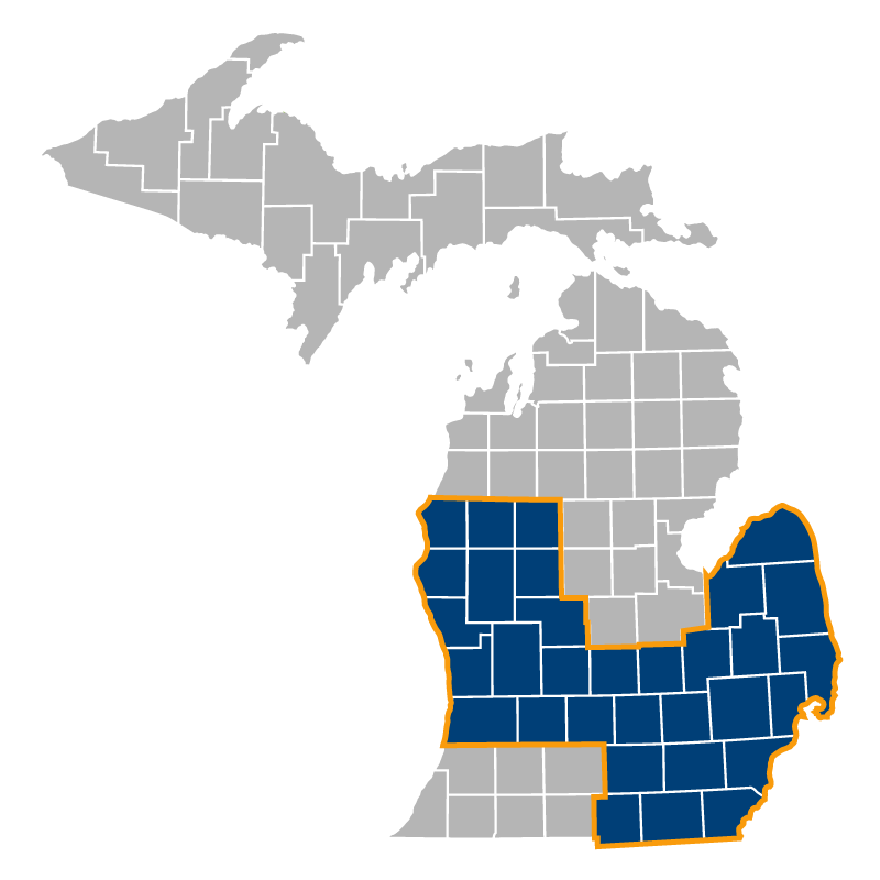  An image of the state of Michigan with counties covered by Blue Cross Complete shaded in blue. These counties are listed next to this image.
